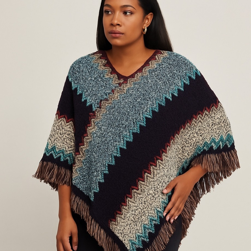 Multicolor Chevron Knit Poncho Sweater with Fringe. One Size.